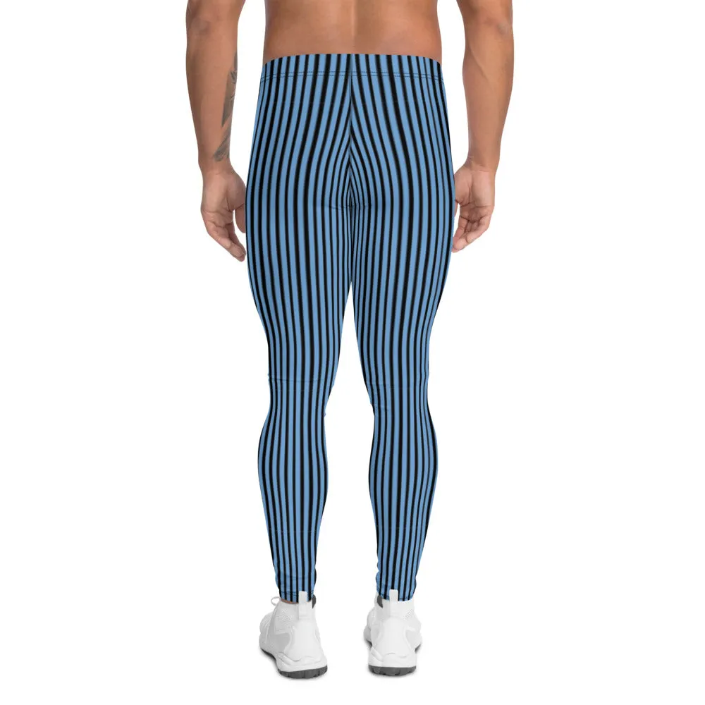 Blue Striped Men's Leggings, Vertical Stripes Modern Meggings Tights-Made in USA/EU/MX