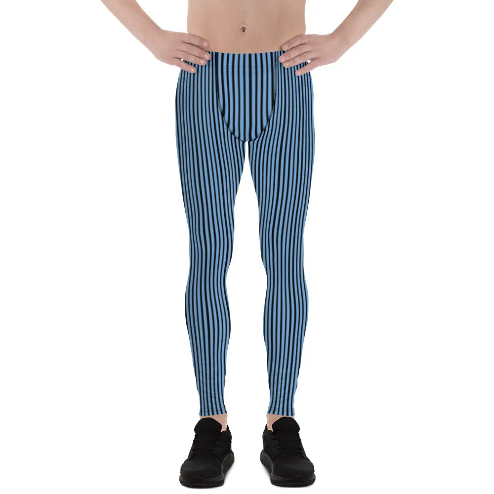 Blue Striped Men's Leggings, Vertical Stripes Modern Meggings Tights-Made in USA/EU/MX