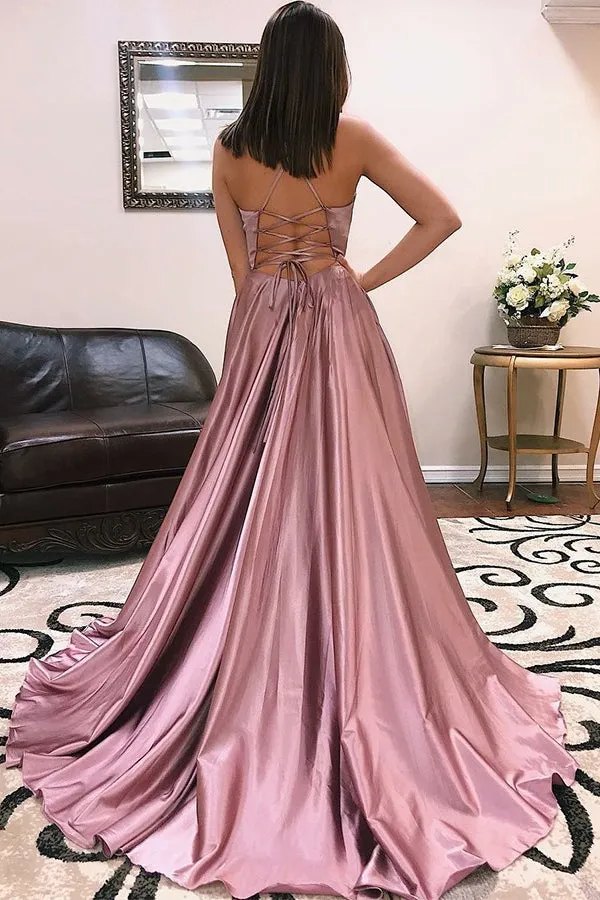 Blush A Line V Neck Cross Back Spaghetti Straps Prom Dresses with Train