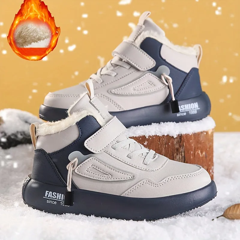 Boys' Warm Plush-Lined High Top Snow Boots - Comfy Non-Slip Shoes for Outdoor Activities.