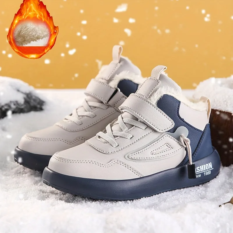 Boys' Warm Plush-Lined High Top Snow Boots - Comfy Non-Slip Shoes for Outdoor Activities.