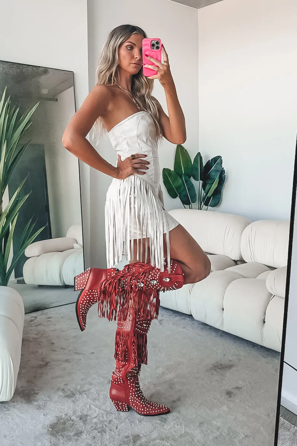 Broadway Stunner Leather Fringe Western Mini Dress