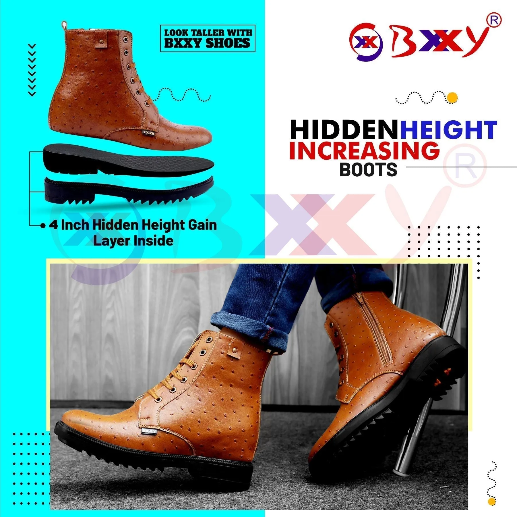 Bxxy 4 Inch Hidden Height Increasing Fashionable High Ankle Boots For Men