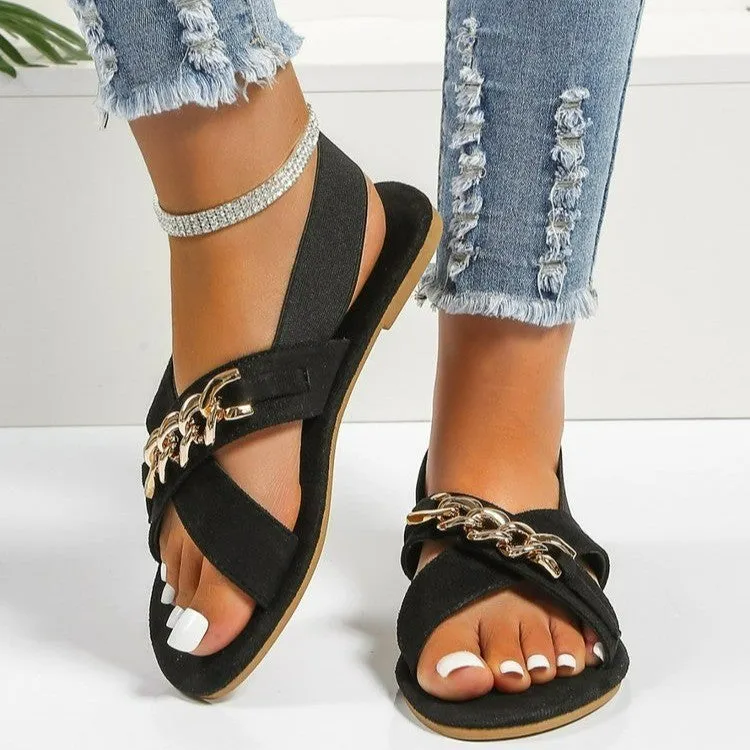 Chains Sandals Summer Outdoor Flat Shoes Elasticated Open Toe Slides Beach Shoes