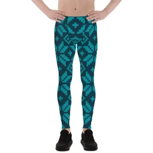 Christmas Style Blue Men's Leggings, Blue X'Mas Snowflake Pattern Festive Best Holiday Tights For Men - Made in USA/EU/MX