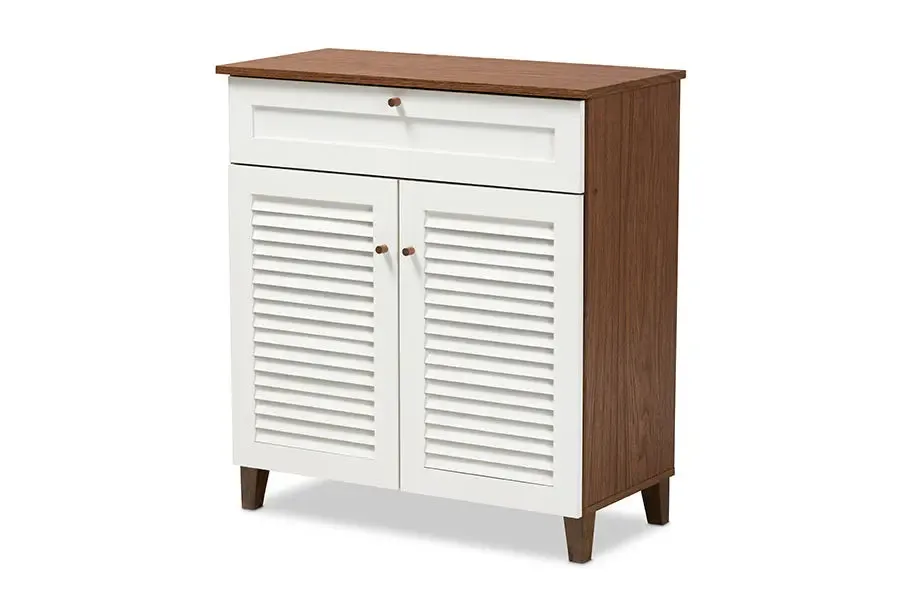 Clevedon White/Walnut Finished 4-Shelf Wood Shoe Storage Cabinet w/Drawer