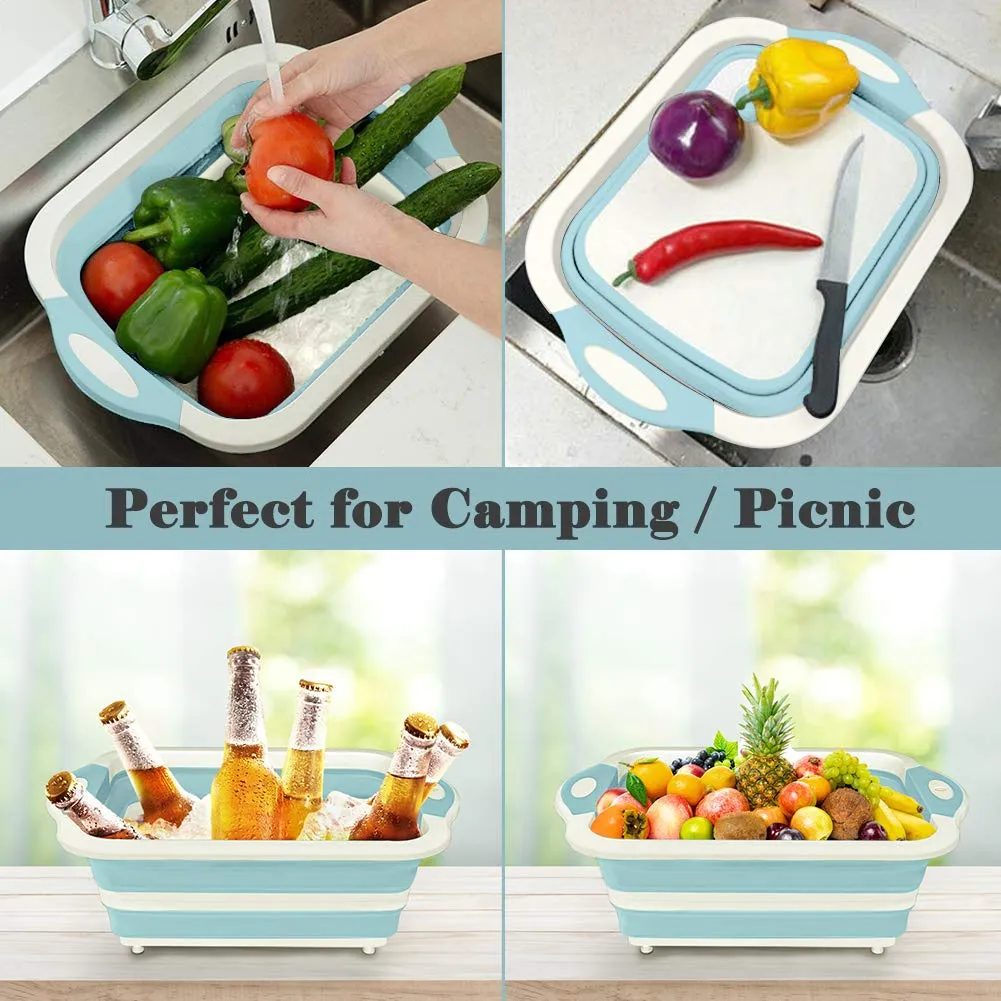 Collapsible Cutting Board, Foldable Chopping Board with Colander, Multifunctional Kitchen Vegetable Washing Basket Silicone Dish Tub for BBQ Prep/Picnic/Camping(Light Blue)