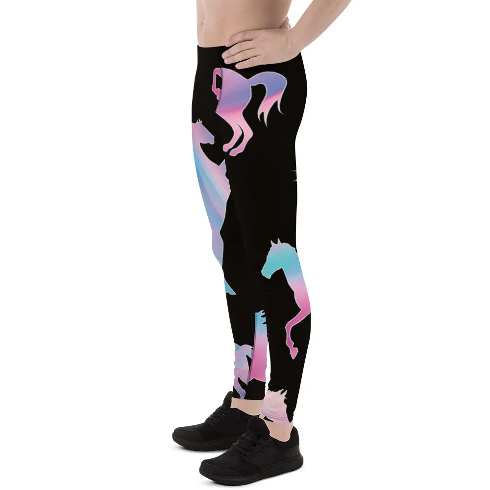 Colorful Horse Print Men's Leggings, Mystical Horse Pattern Designer Premium Men's Rave Tights-Made in USA/EU/MX