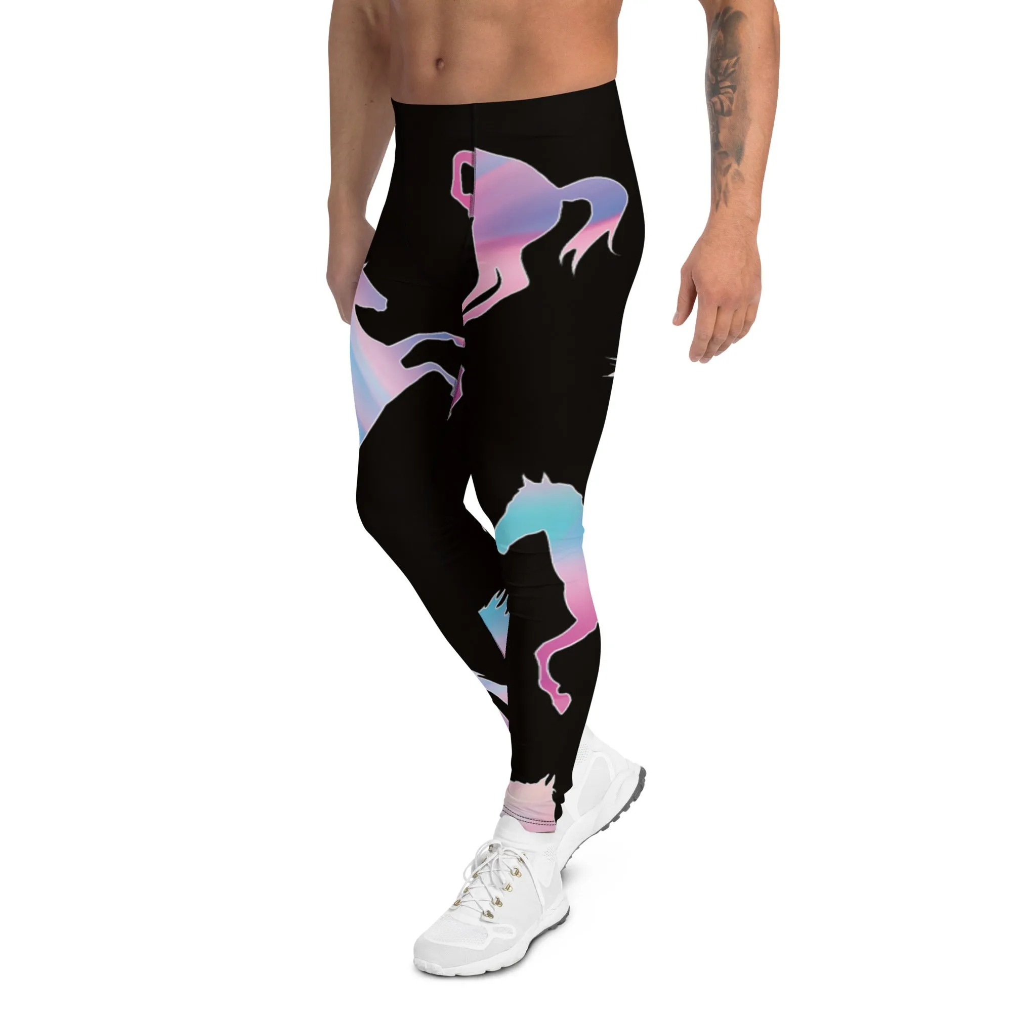 Colorful Horse Print Men's Leggings, Mystical Horse Pattern Designer Premium Men's Rave Tights-Made in USA/EU/MX