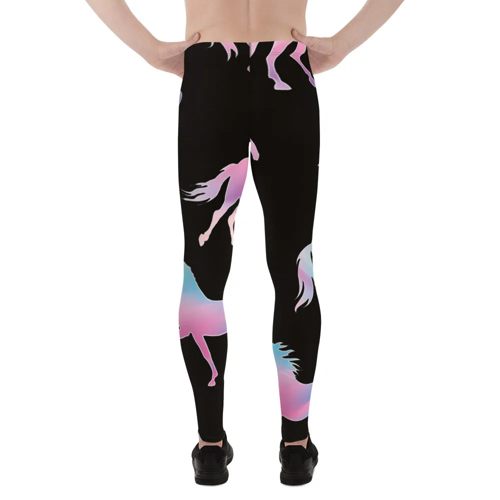 Colorful Horse Print Men's Leggings, Mystical Horse Pattern Designer Premium Men's Rave Tights-Made in USA/EU/MX