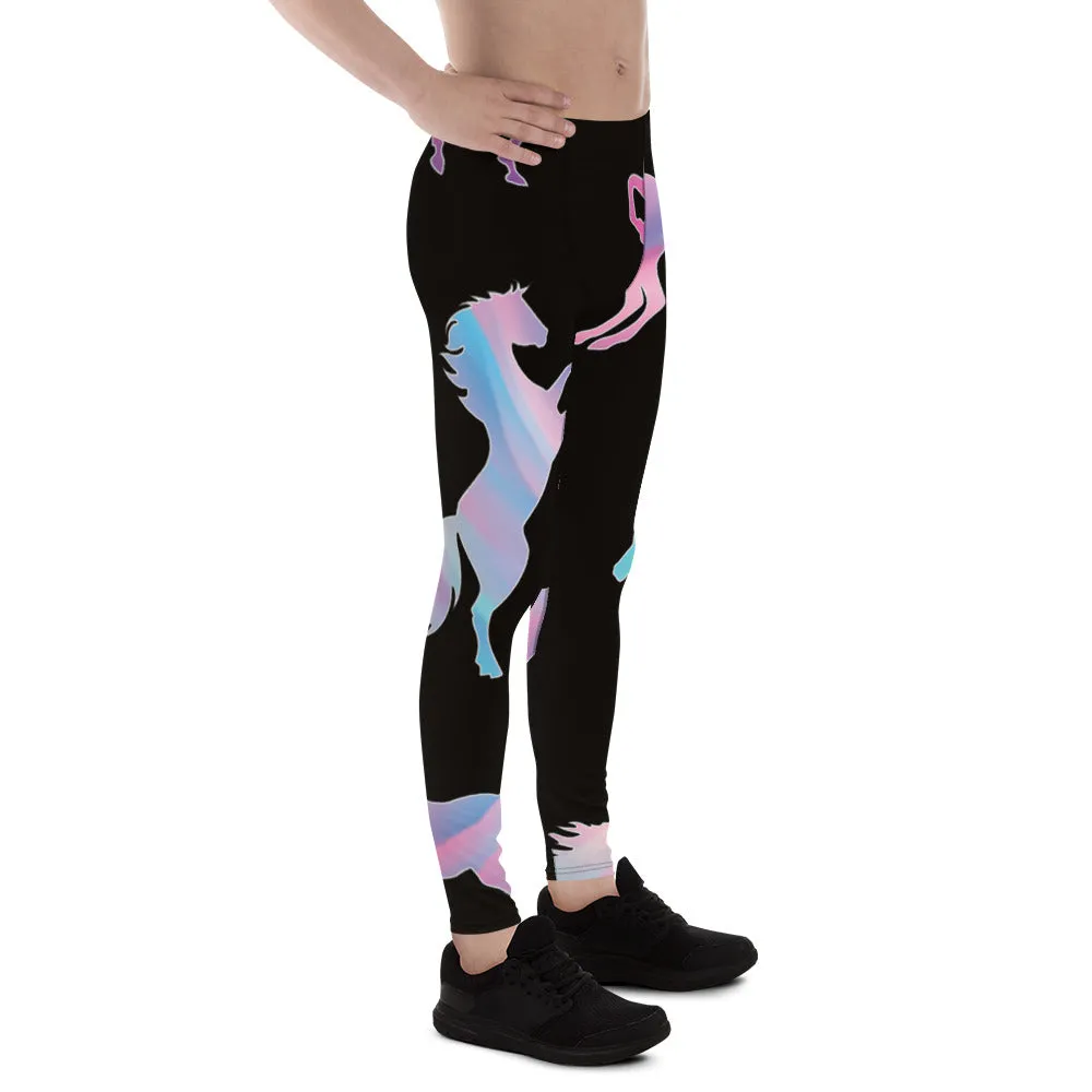 Colorful Horse Print Men's Leggings, Mystical Horse Pattern Designer Premium Men's Rave Tights-Made in USA/EU/MX