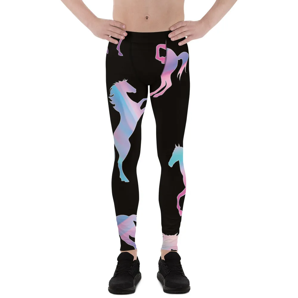 Colorful Horse Print Men's Leggings, Mystical Horse Pattern Designer Premium Men's Rave Tights-Made in USA/EU/MX