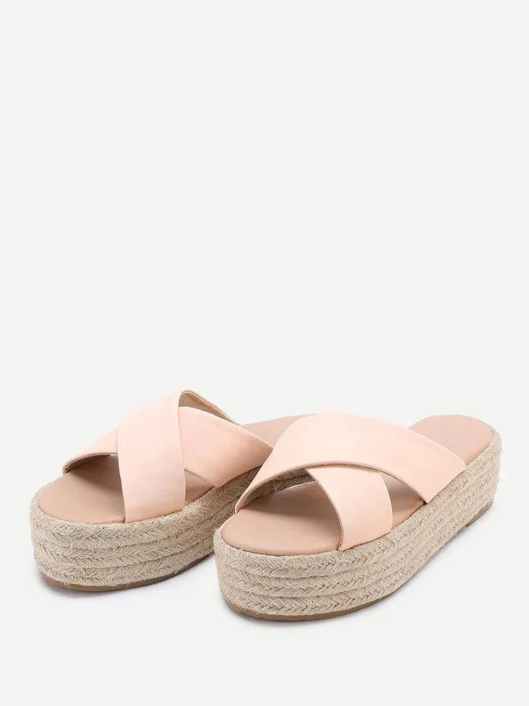 Cross Strap Woven Flatform Sliders