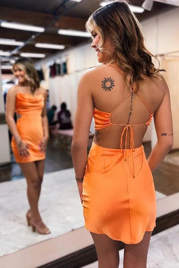 Cute Bodycon Cowl Neck Orange Silk Satin Short Homecoming Dresses PD443