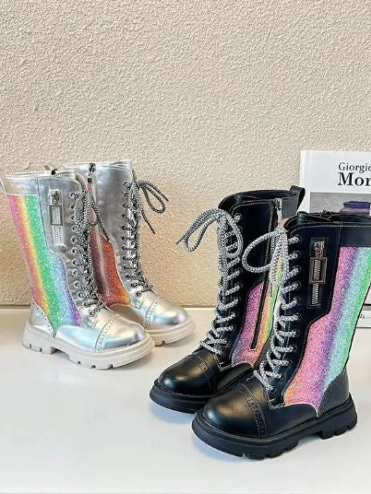 Dazzling Day Glitter Rainbow Lace-Up Boots by Liv and Mia