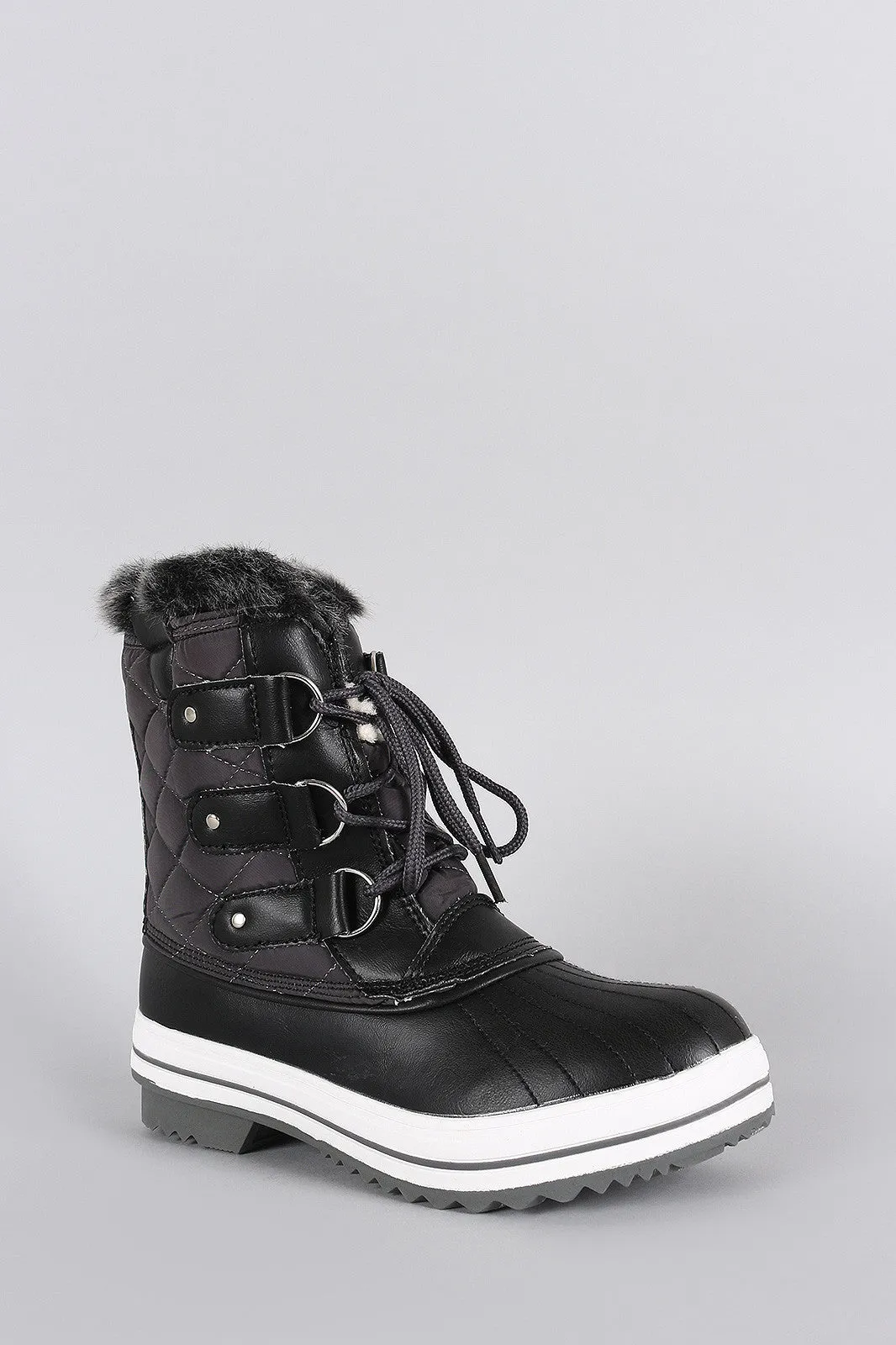 Faux Fur Cuff Lace Up Quilted Nylon Boots