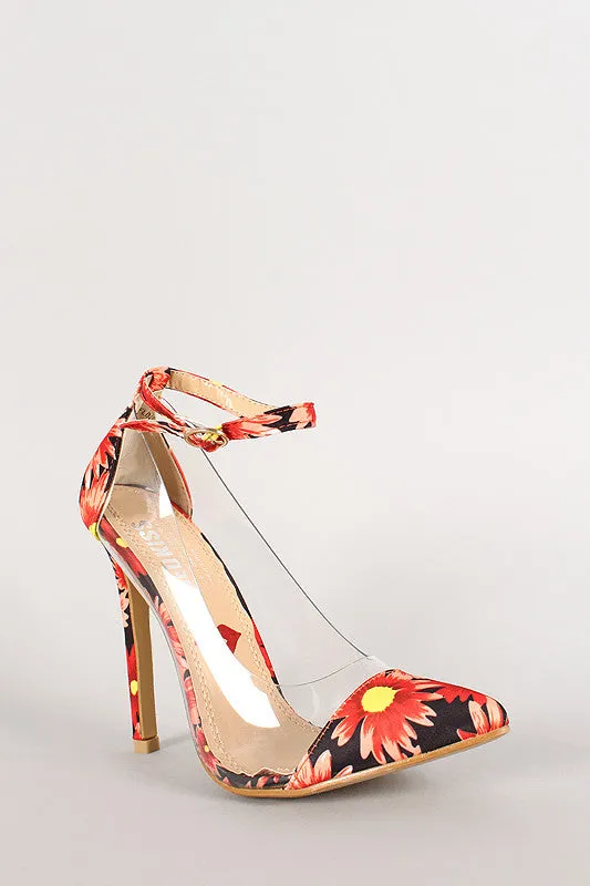 Floral Print Ankle Strap Pointy Toe Pump