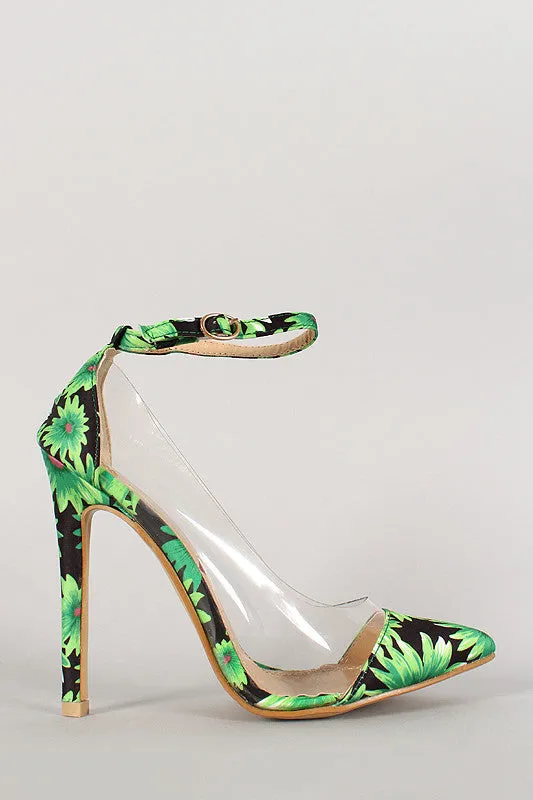 Floral Print Ankle Strap Pointy Toe Pump