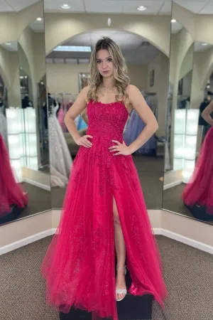 Fuchsia A-line Tulle Scoop Neckline Applique Slit Long Prom Dress PSK459