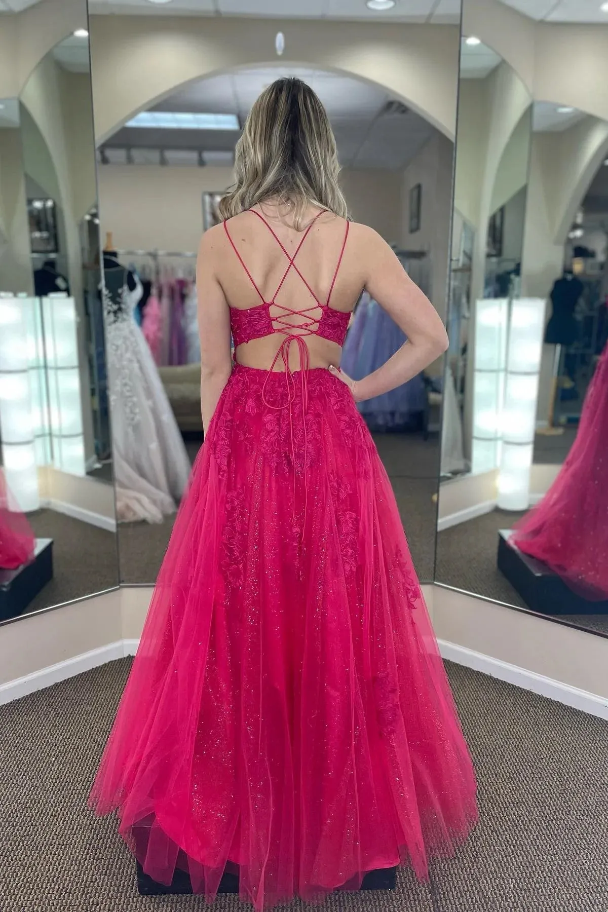 Fuchsia A-line Tulle Scoop Neckline Applique Slit Long Prom Dress PSK459