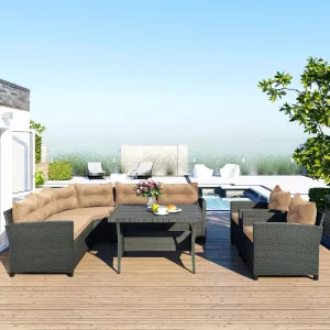 GO 6-Piece Outdoor Wicker Sofa Set, Patio Rattan Dinning Set, Sectional Sofa with Thick Cushions and Pillows, Plywood Table Top, For Garden, Yard, Deck. (Gray Wicker, Beige Cushion)