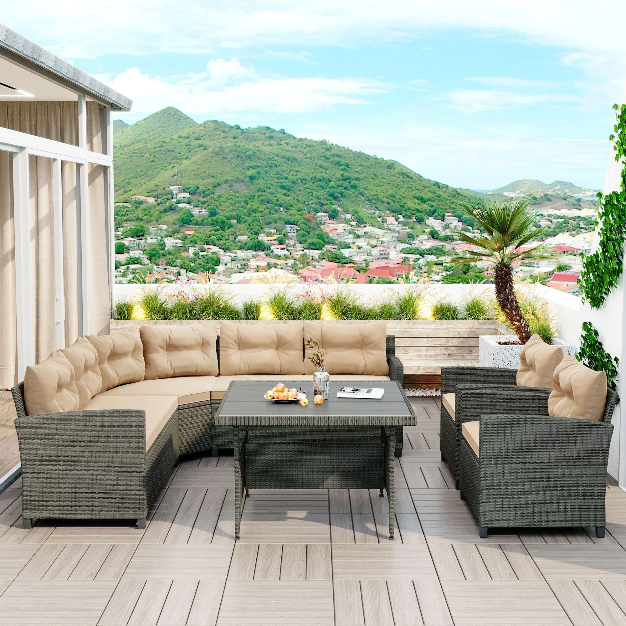 GO 6-Piece Outdoor Wicker Sofa Set, Patio Rattan Dinning Set, Sectional Sofa with Thick Cushions and Pillows, Plywood Table Top, For Garden, Yard, Deck. (Gray Wicker, Beige Cushion)