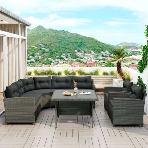 GO 6-Piece Outdoor Wicker Sofa Set, Patio Rattan Dinning Set, Sectional Sofa with Thick Cushions and Pillows, Plywood Table Top, For Garden, Yard, Deck. (Gray Wicker, Gray Cushion)