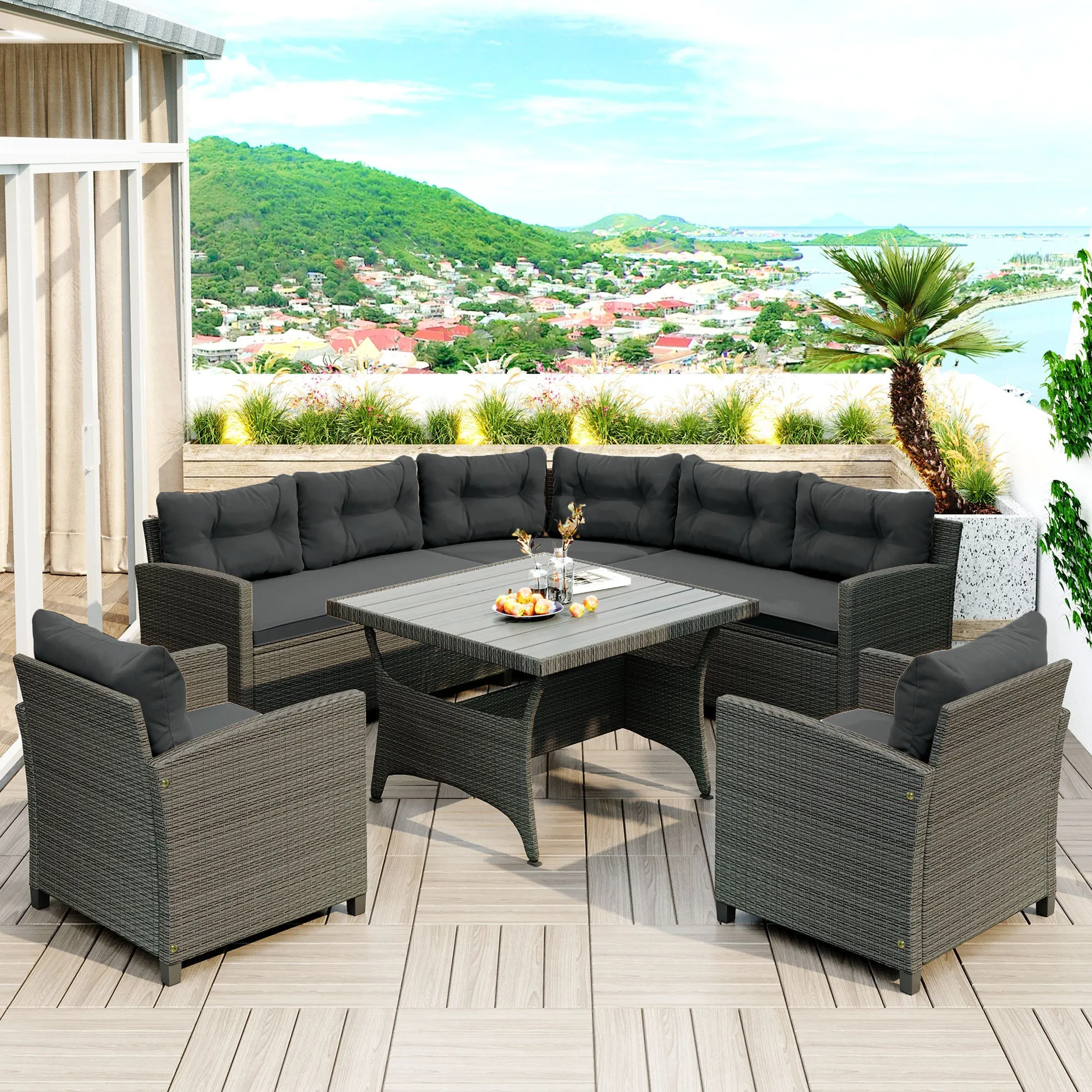 GO 6-Piece Outdoor Wicker Sofa Set, Patio Rattan Dinning Set, Sectional Sofa with Thick Cushions and Pillows, Plywood Table Top, For Garden, Yard, Deck. (Gray Wicker, Gray Cushion)