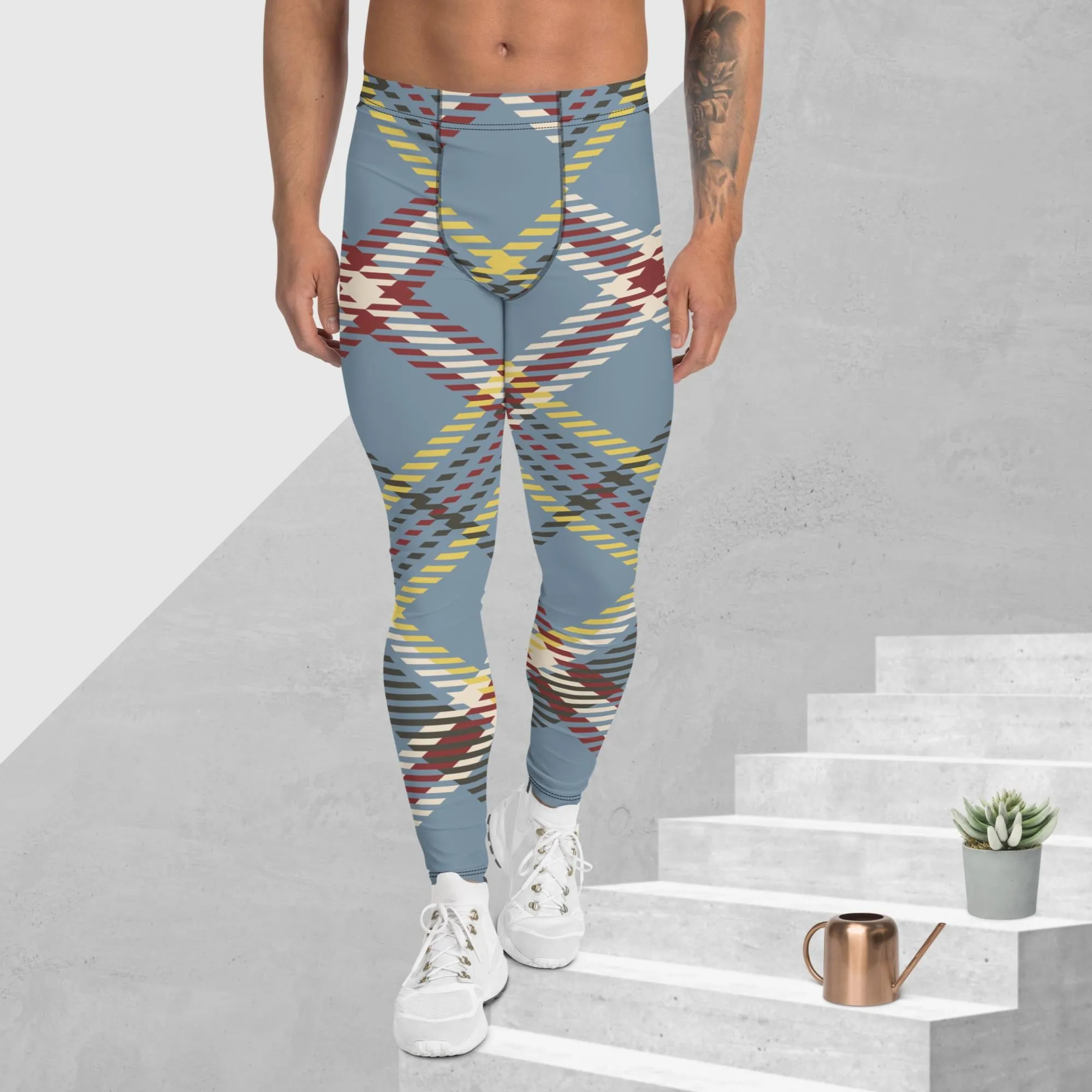 Gray Plaid Print Men's Leggings, Classic Tartan Plaid Print Meggings Compression Christmas Tights-Made in USA/EU/MX