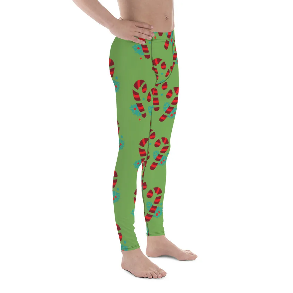 Green Candy Cane Men's Leggings, Black and Red Colorful Christmas Candy Cane Style Gym Tights For Men - Made in USA/EU/MX