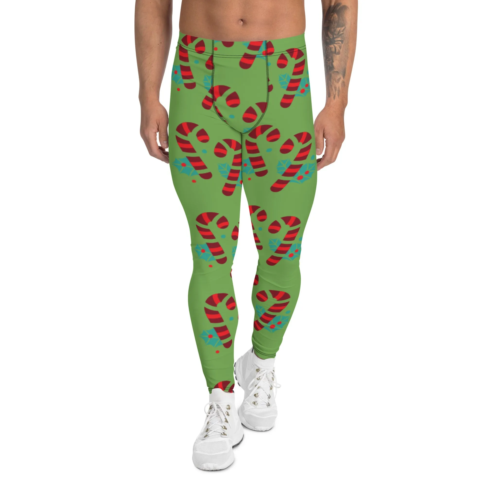 Green Candy Cane Men's Leggings, Black and Red Colorful Christmas Candy Cane Style Gym Tights For Men - Made in USA/EU/MX