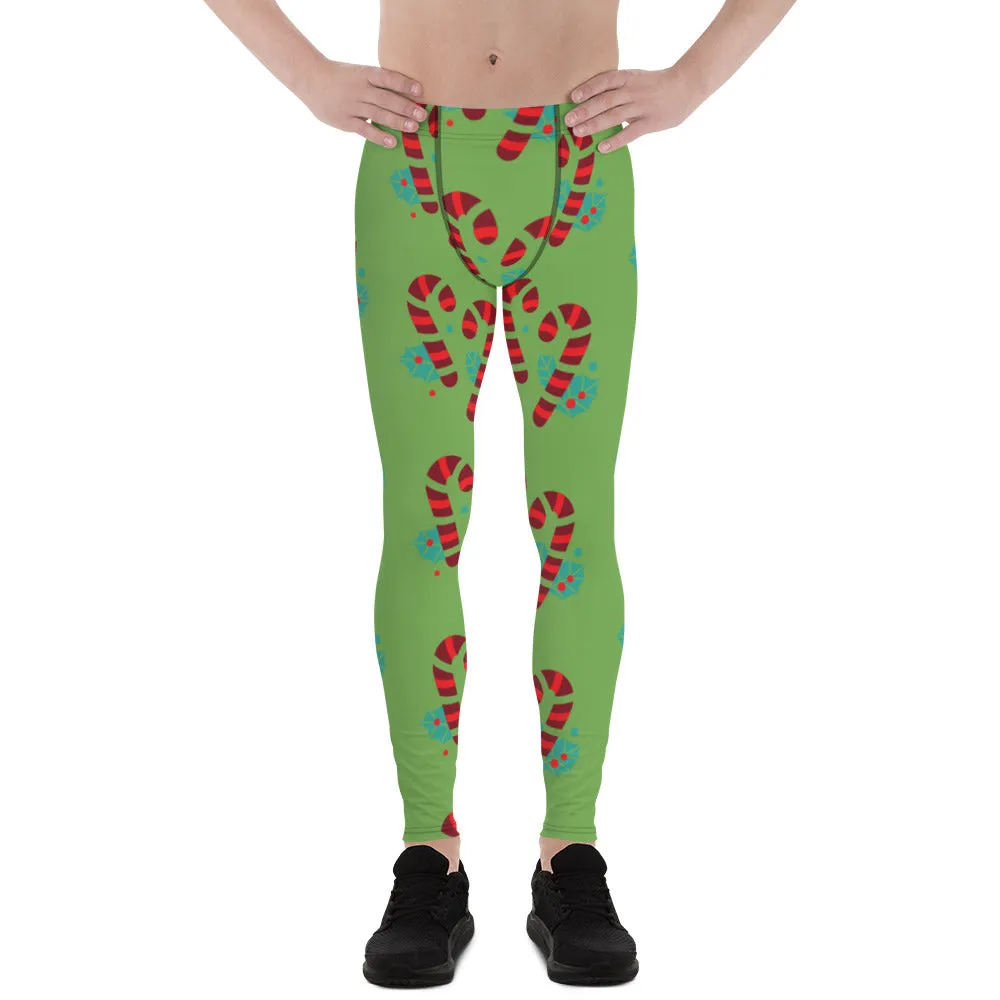 Green Candy Cane Men's Leggings, Black and Red Colorful Christmas Candy Cane Style Gym Tights For Men - Made in USA/EU/MX