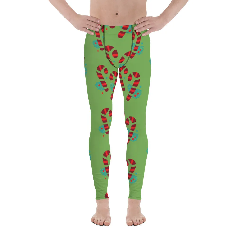 Green Candy Cane Men's Leggings, Black and Red Colorful Christmas Candy Cane Style Gym Tights For Men - Made in USA/EU/MX