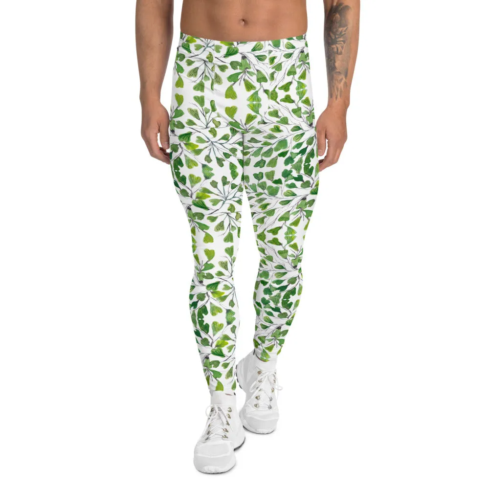 Green Fern Print Men's Leggings, Botanical Leaves Meggings Run Tights-Made in USA/EU