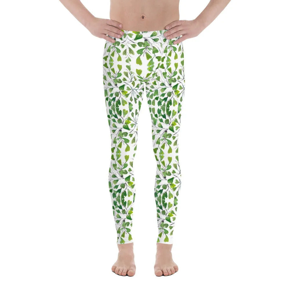 Green Fern Print Men's Leggings, Botanical Leaves Meggings Run Tights-Made in USA/EU