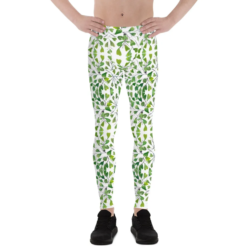 Green Fern Print Men's Leggings, Botanical Leaves Meggings Run Tights-Made in USA/EU