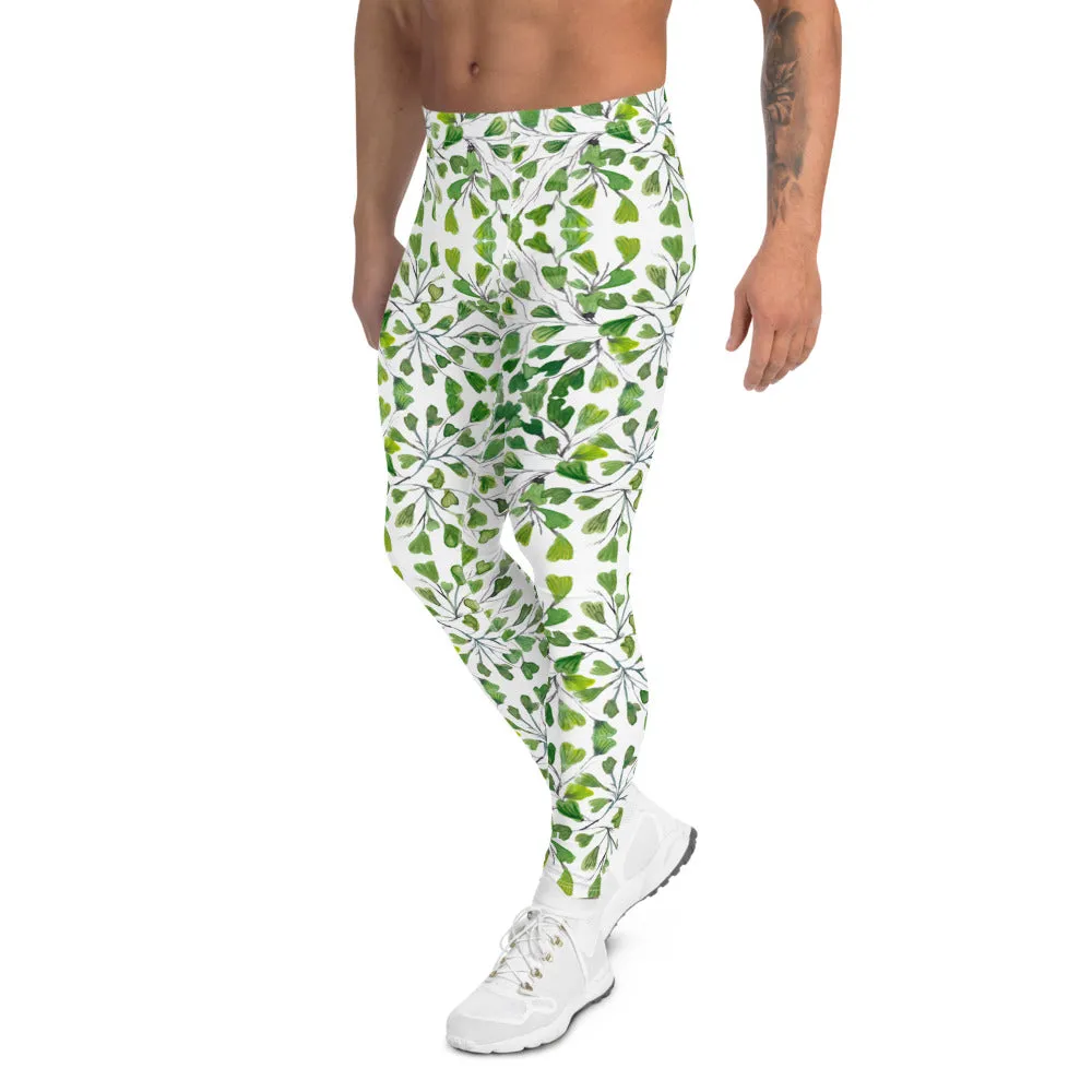 Green Fern Print Men's Leggings, Botanical Leaves Meggings Run Tights-Made in USA/EU