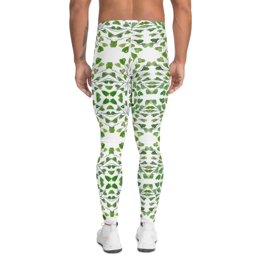 Green Fern Print Men's Leggings, Botanical Leaves Meggings Run Tights-Made in USA/EU