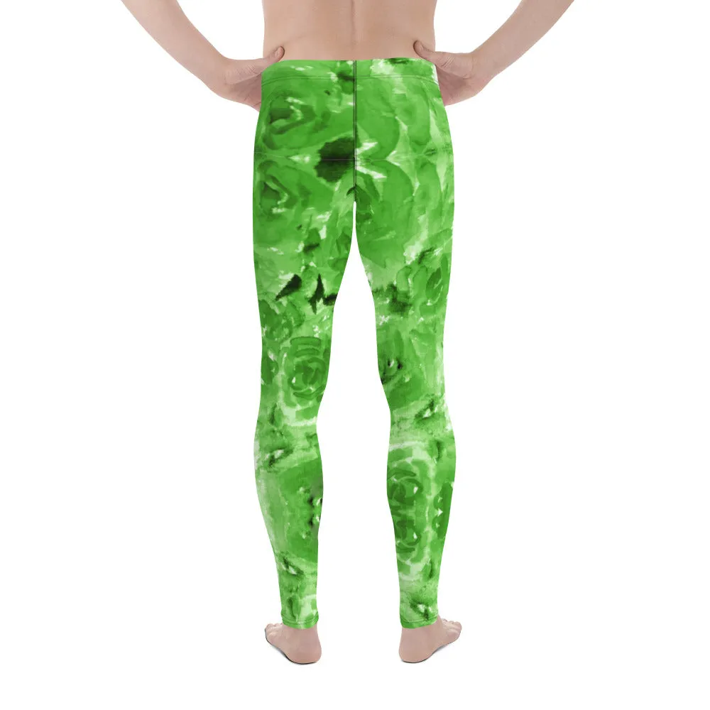 Green Floral Men's Leggings, Flower Abstract Print Running Tights Meggings-Made in USA/EU/MX