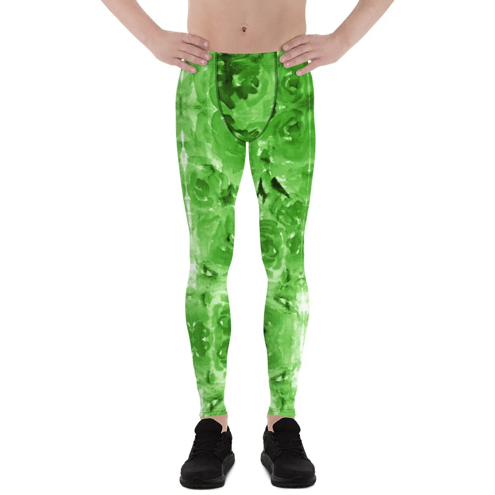 Green Floral Men's Leggings, Flower Abstract Print Running Tights Meggings-Made in USA/EU/MX