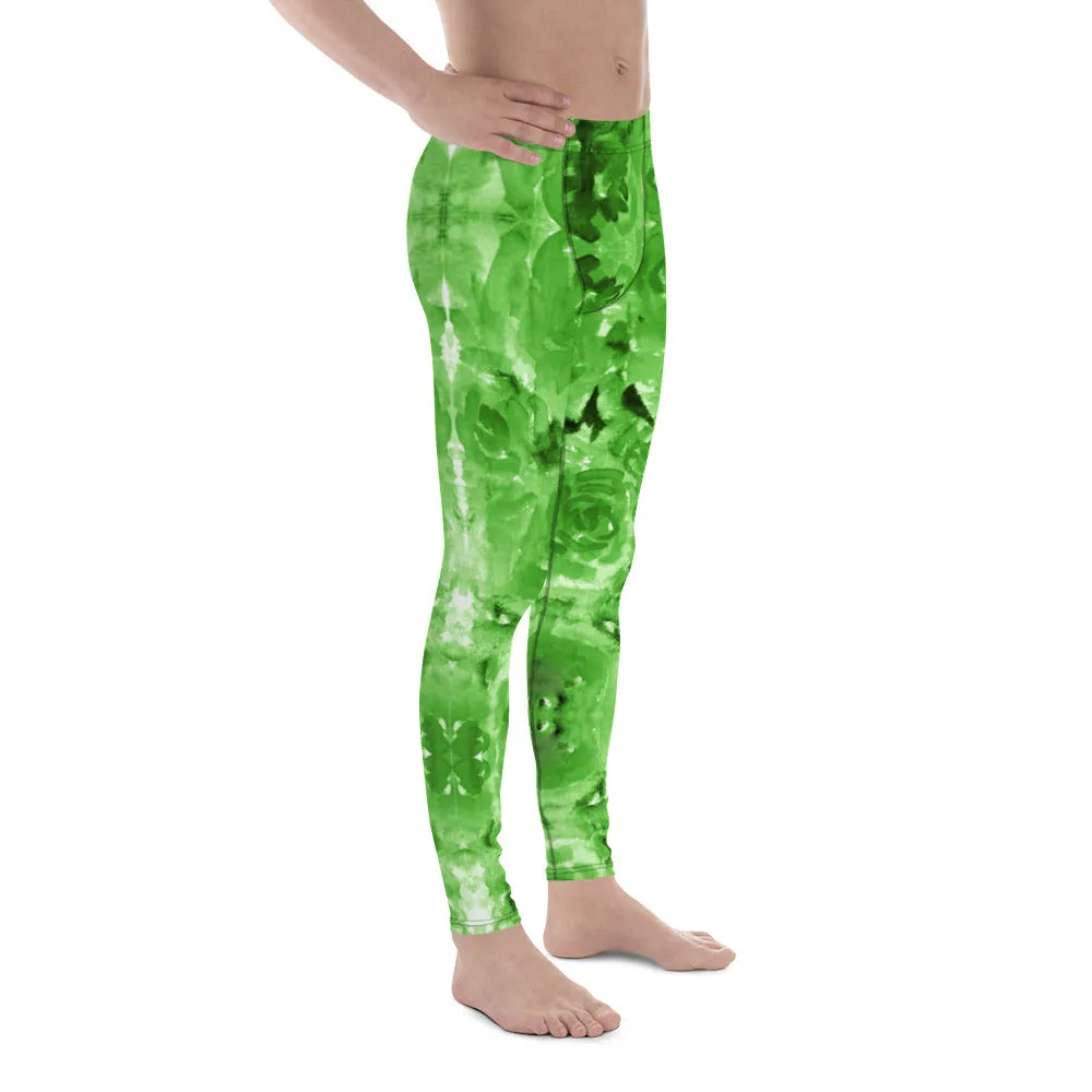 Green Floral Men's Leggings, Flower Abstract Print Running Tights Meggings-Made in USA/EU/MX