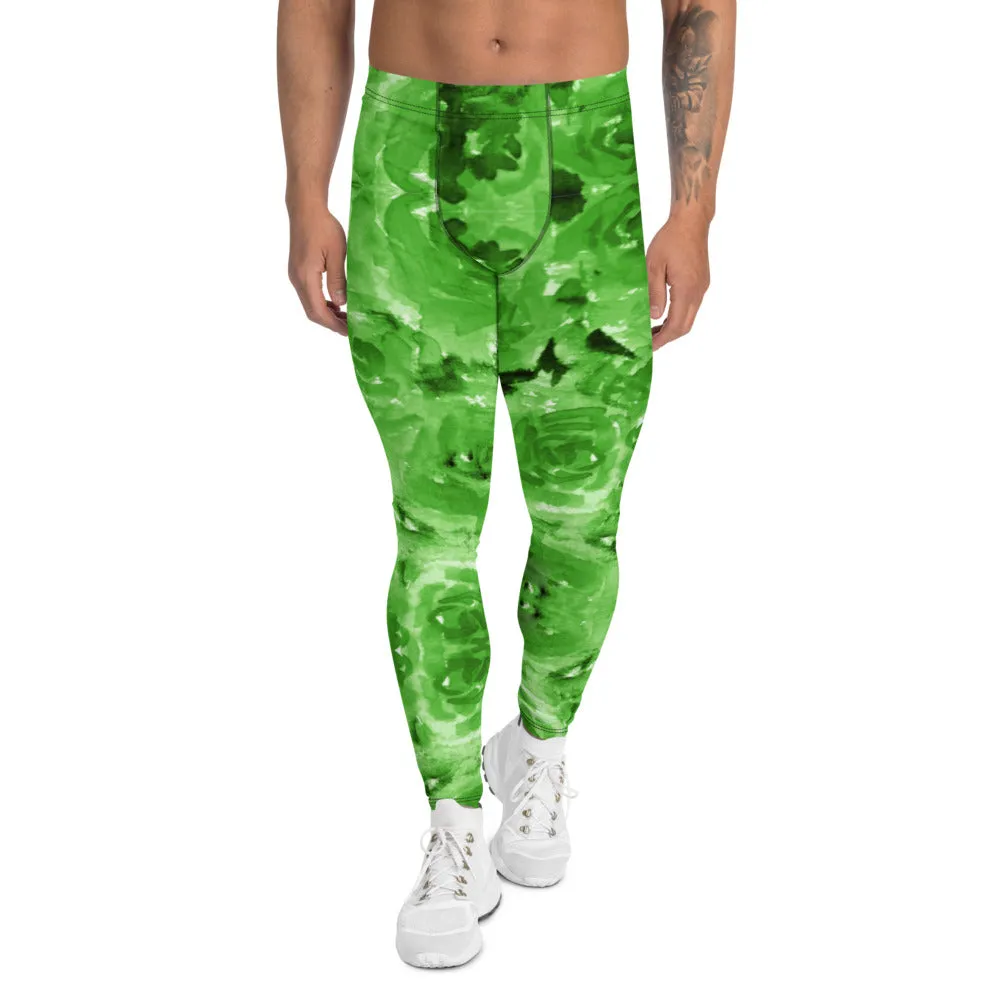 Green Floral Men's Leggings, Flower Abstract Print Running Tights Meggings-Made in USA/EU/MX