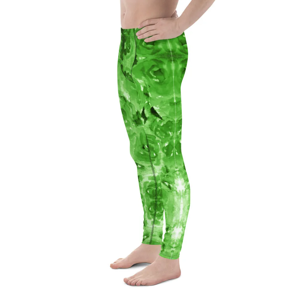 Green Floral Men's Leggings, Flower Abstract Print Running Tights Meggings-Made in USA/EU/MX