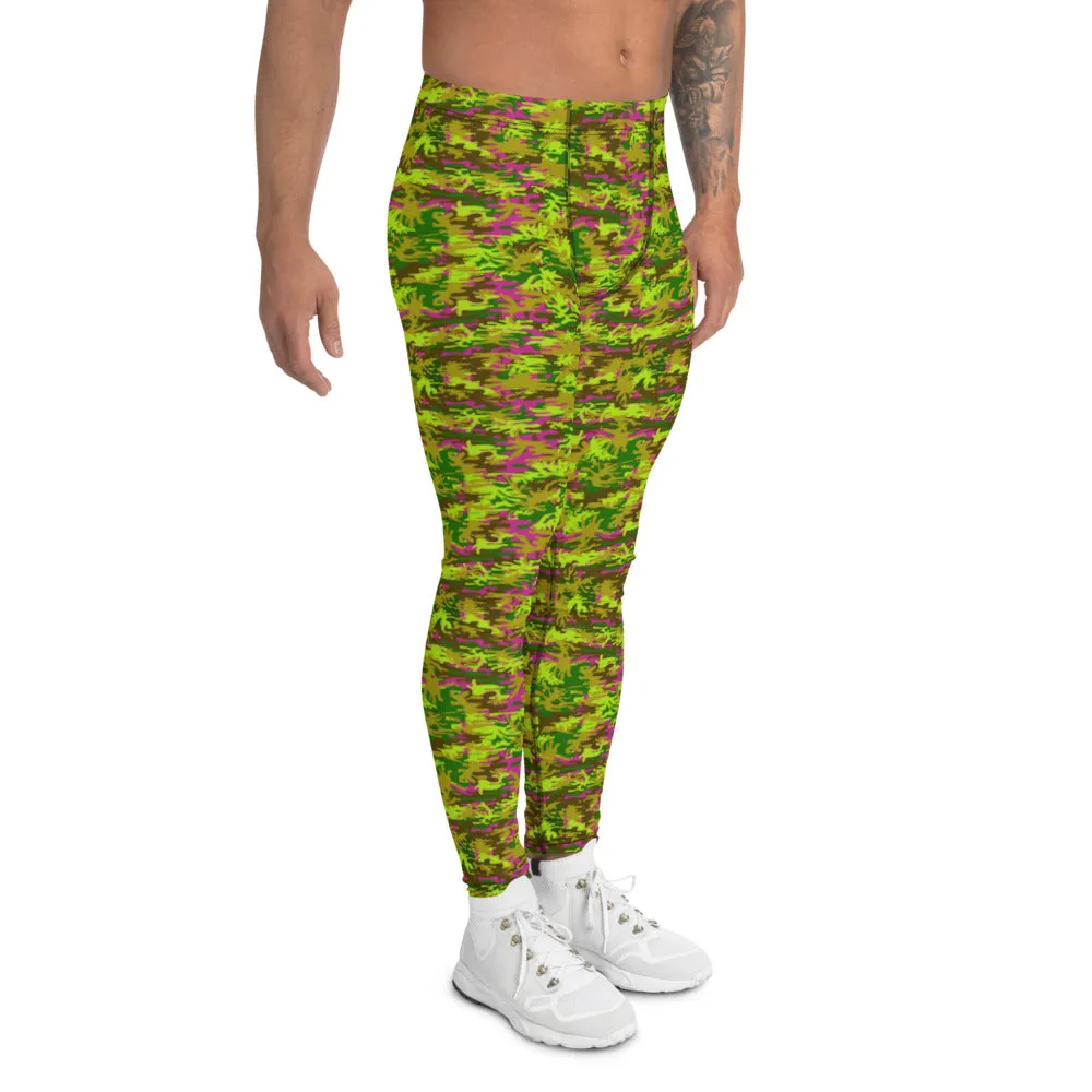 Green Pink Camo Meggings, Camouflage Military Army Print Men's Leggings-Made in USA/EU