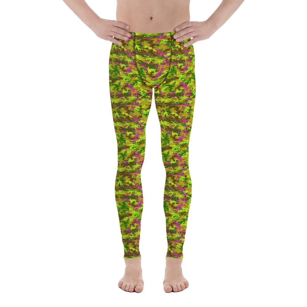 Green Pink Camo Meggings, Camouflage Military Army Print Men's Leggings-Made in USA/EU