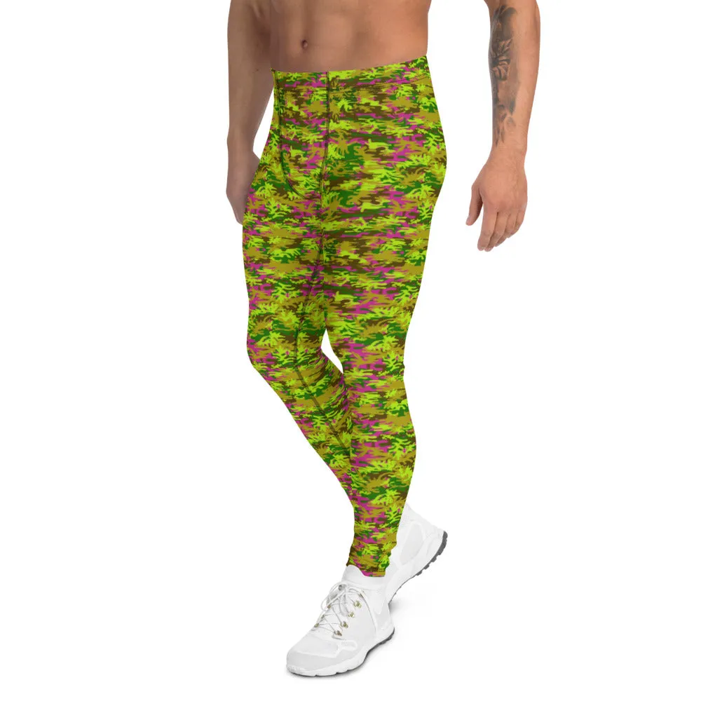 Green Pink Camo Meggings, Camouflage Military Army Print Men's Leggings-Made in USA/EU