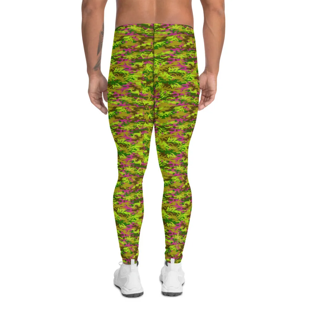 Green Pink Camo Meggings, Camouflage Military Army Print Men's Leggings-Made in USA/EU