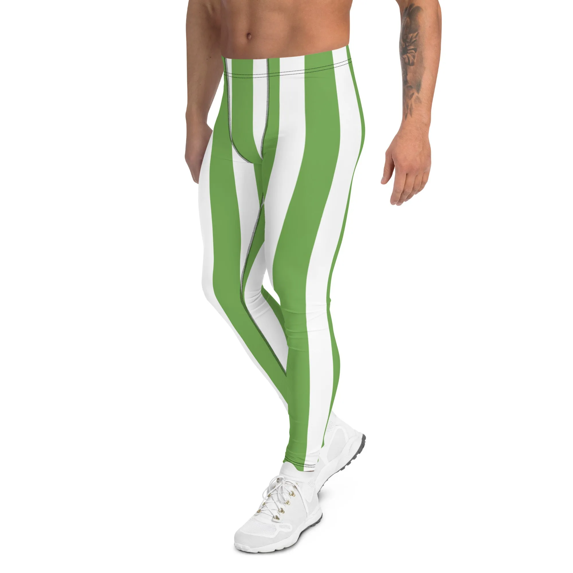 Green White Stripes Men's Leggings, Vertically Striped Meggings Running Tights-Made in USA/EU/MX