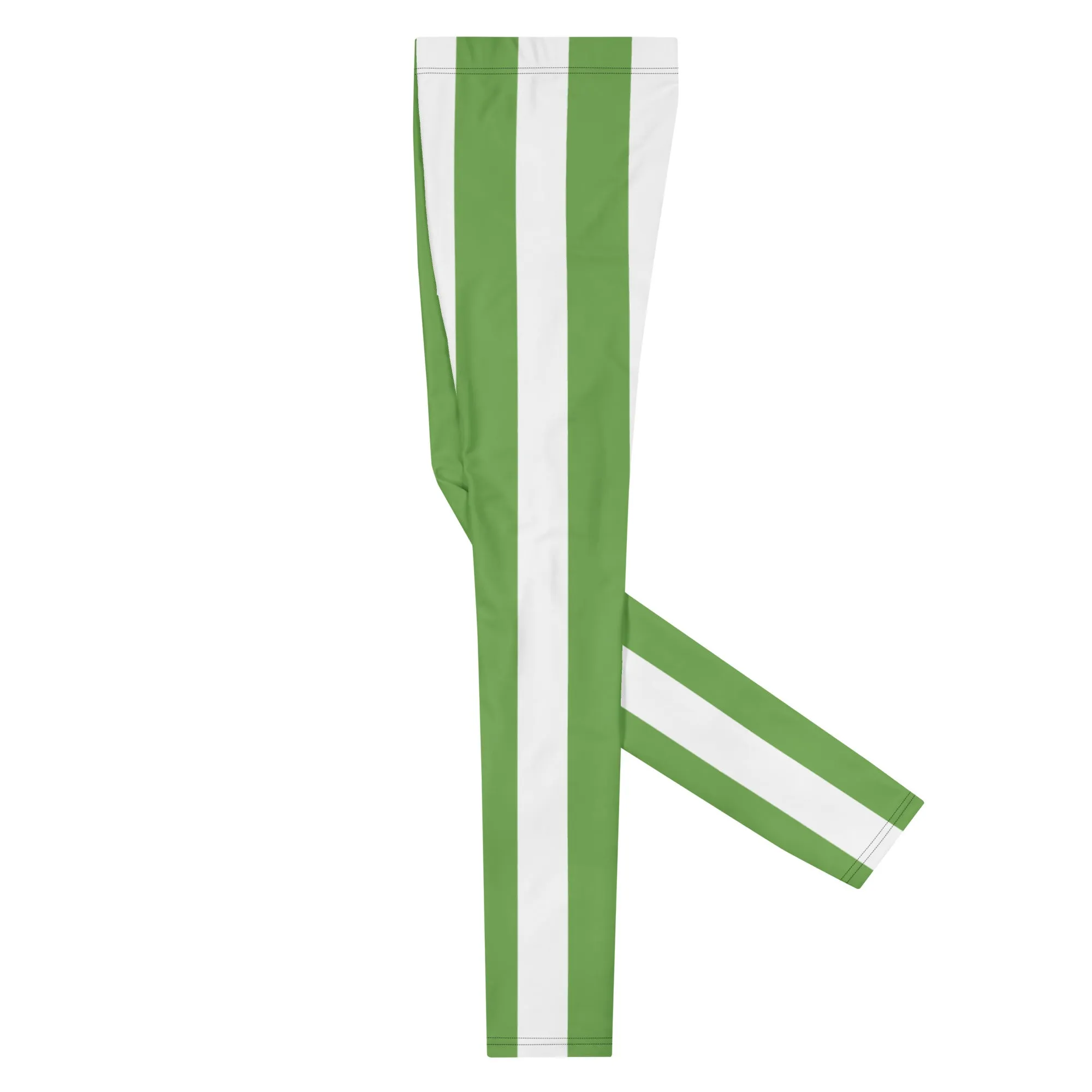 Green White Stripes Men's Leggings, Vertically Striped Meggings Running Tights-Made in USA/EU/MX