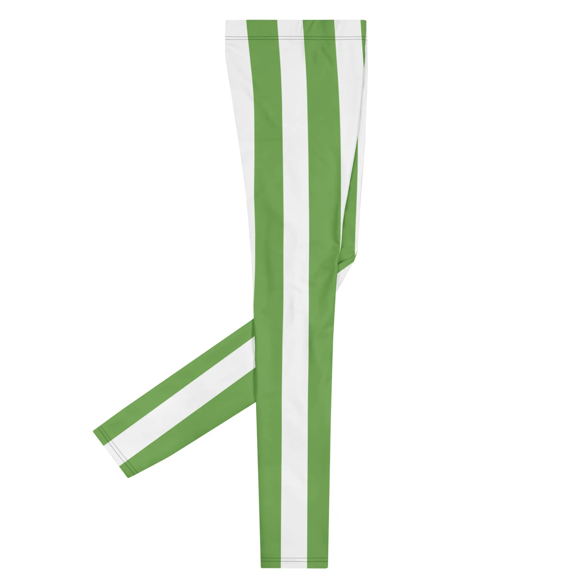 Green White Stripes Men's Leggings, Vertically Striped Meggings Running Tights-Made in USA/EU/MX